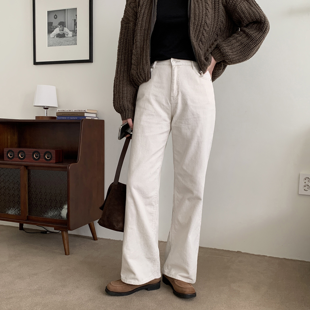 하이웨스트 여자 코듀로이팬츠 골지 면바지 세미 와이드팬츠 여성 겨울바지 통바지 아이보리 - 상세 이미지 4