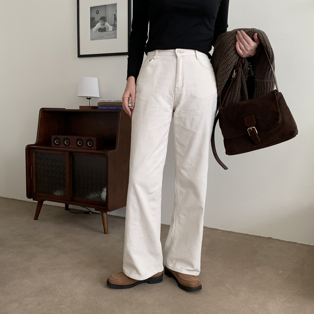 하이웨스트 여자 코듀로이팬츠 골지 면바지 세미 와이드팬츠 여성 겨울바지 통바지 아이보리 - 상품 이미지