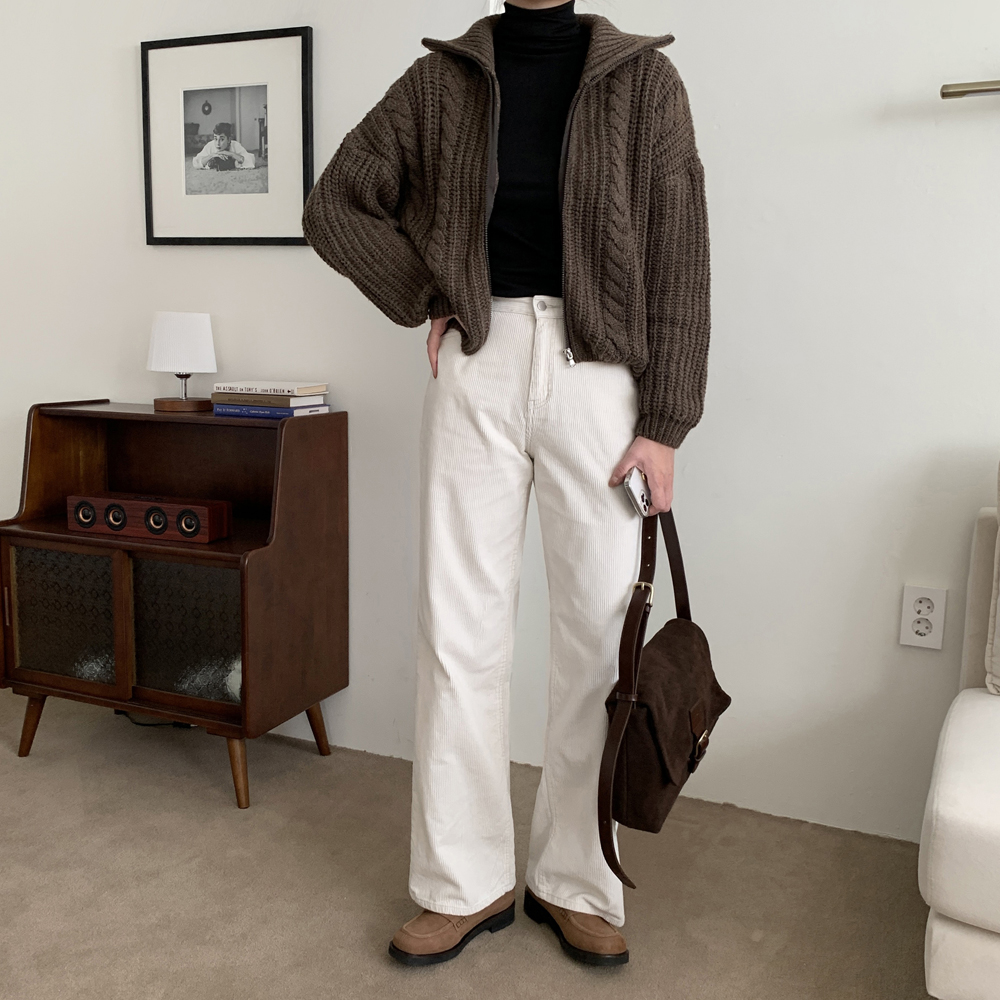 하이웨스트 여자 코듀로이팬츠 골지 면바지 세미 와이드팬츠 여성 겨울바지 통바지 아이보리 - 상세 이미지 2