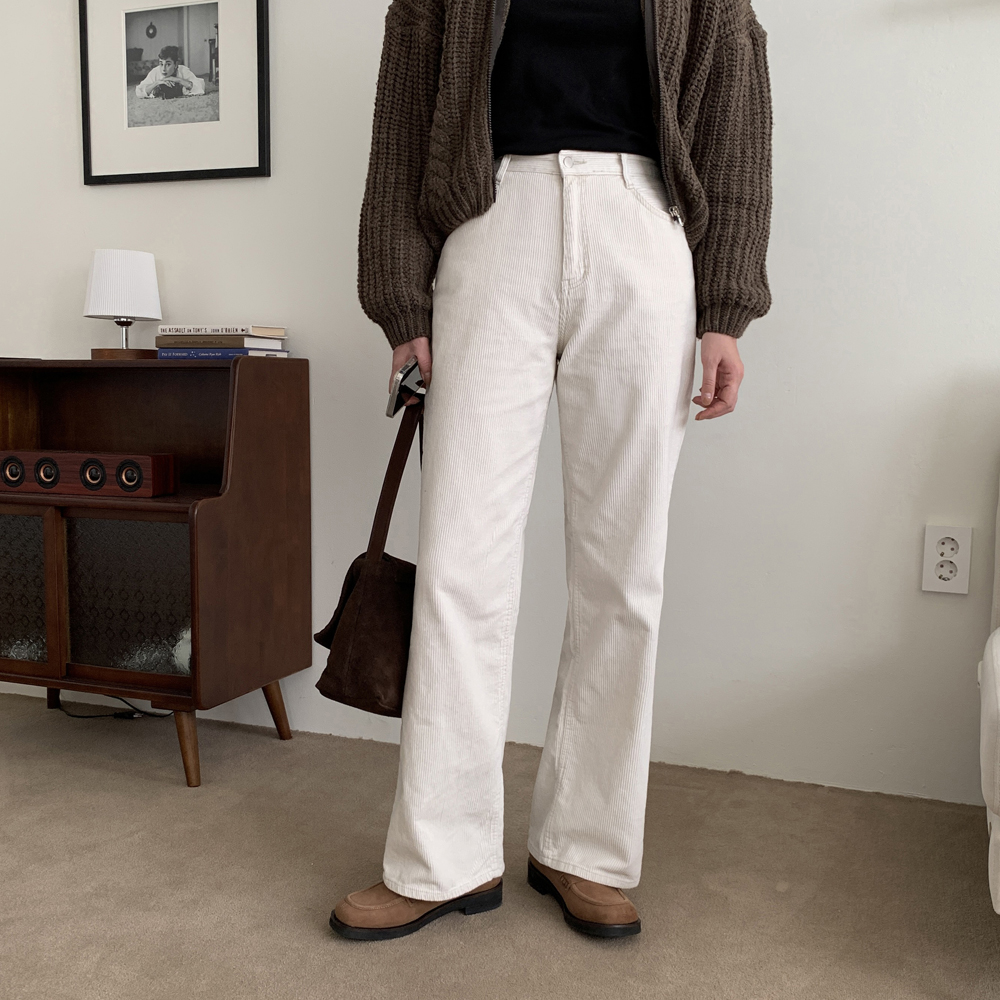 하이웨스트 여자 코듀로이팬츠 골지 면바지 세미 와이드팬츠 여성 겨울바지 통바지 아이보리 - 상세 이미지 3