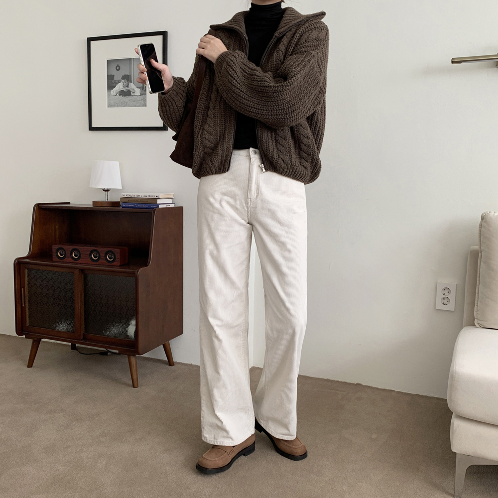 하이웨스트 여자 코듀로이팬츠 골지 면바지 세미 와이드팬츠 여성 겨울바지 통바지 아이보리 - 상세 이미지 5