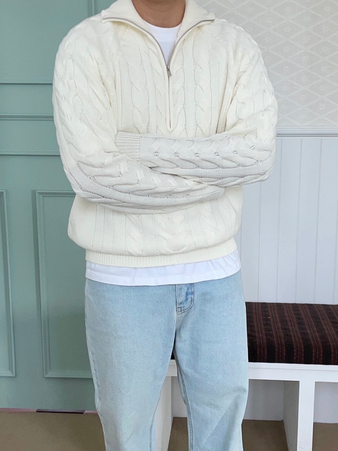 미우 반집업 케이블 니트 코디 제주도 데이트 신혼여행 커플 시밀러룩 상세 이미지 18