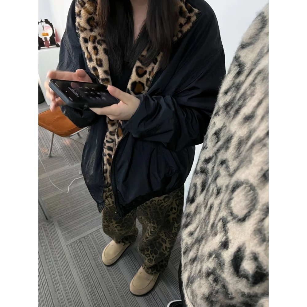 레트로 빈티지 레오파드 프린트 리버시블 후리스 점퍼 Y2K 힙합 랩퍼 스트릿 패션 코디 상품 이미지
