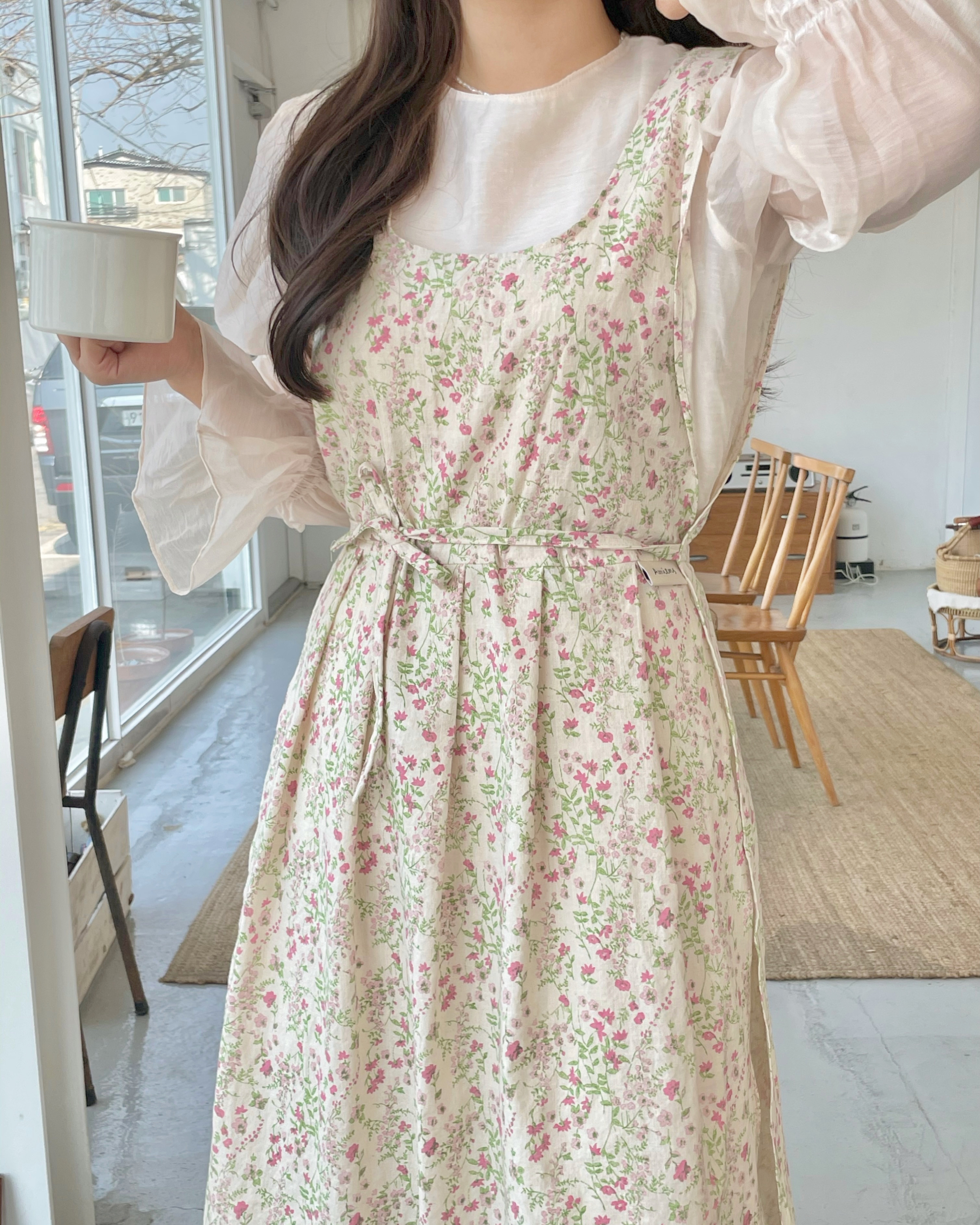 아미앙스 원피스 린넨 앞치마 카페 예쁜 주름 어린이집 플로리스트 에이프런 체크 이미지 8