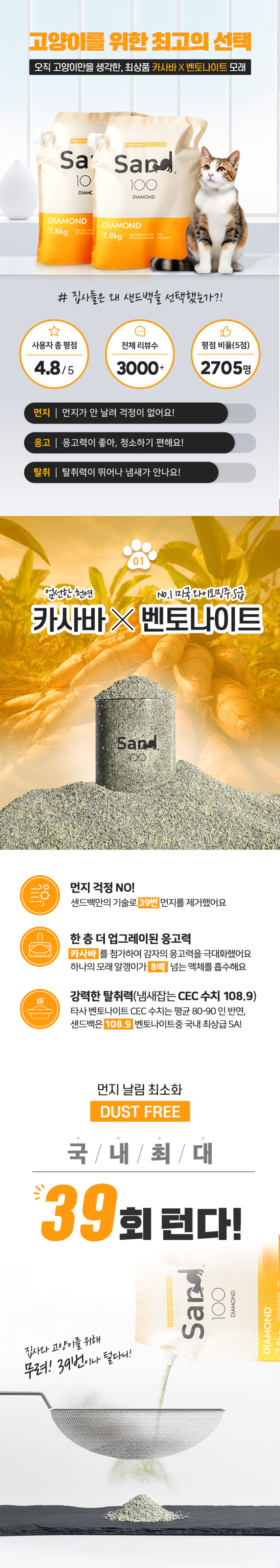 샌드백 다이아몬드 카사바X벤토나이트 고양이모래 7.8kg(9.6L)x2팩 판매처 상세 정보 이미지 2
