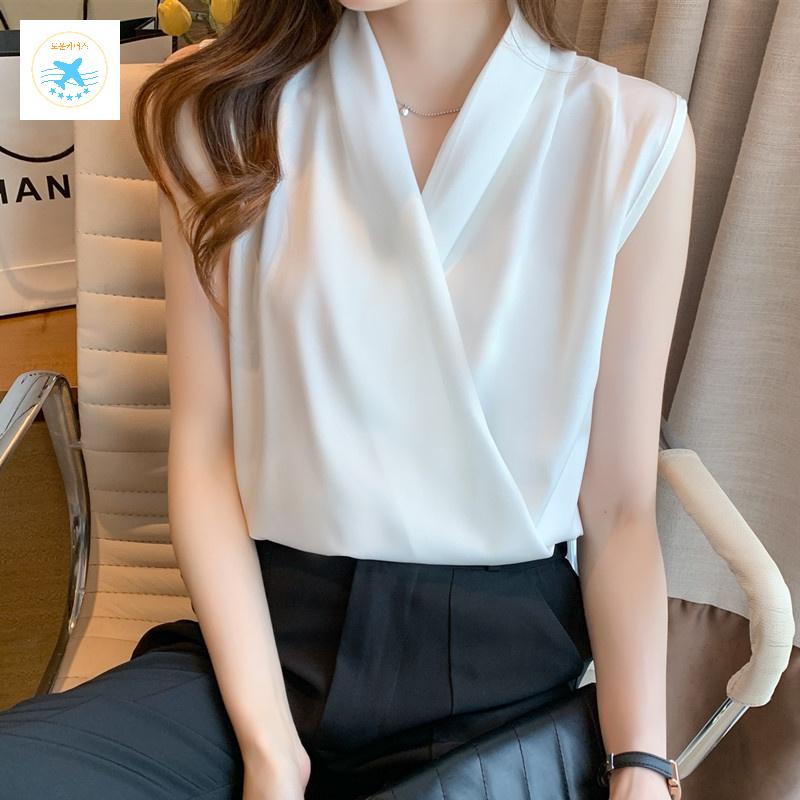 쉬폰민소매 정장이너 나시 정장 브이넥 블라우스 레이스 - 상품 이미지