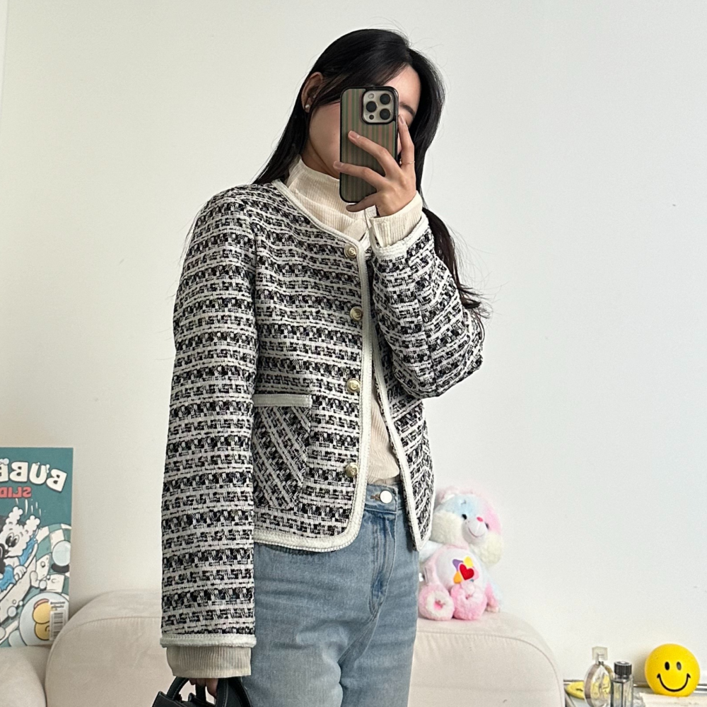 포니크랑 배색트위드자켓 하운드체크자켓 노카라자켓 이미지 4