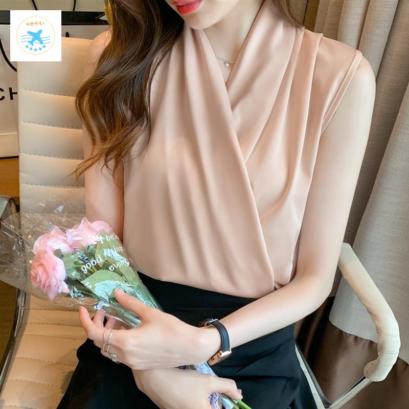 쉬폰민소매 정장이너 나시 정장 브이넥 블라우스 레이스 - 상세 이미지 2