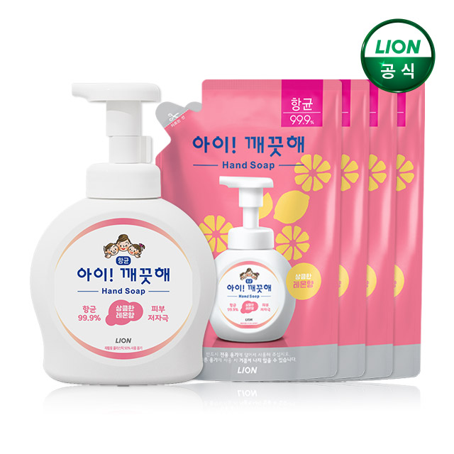 아이깨끗해 거품형 대용량 손세정제 레몬 490ml 용기 x 1개 + 450ml 리필 x 4개