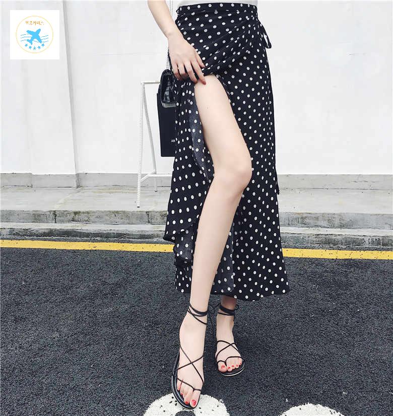 프린팅 포인트 랩 잘빠진 힙 스커트 롱 하이웨스트 쉬폰 치마 도트 - 상세 이미지 3