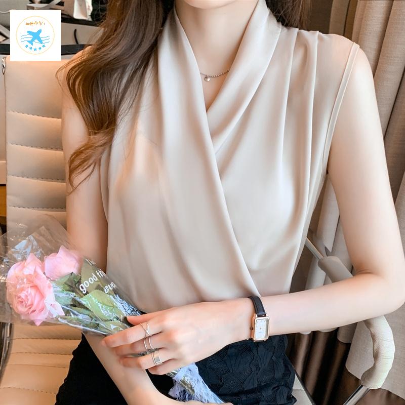쉬폰민소매 정장이너 나시 정장 브이넥 블라우스 레이스 - 상세 이미지 3