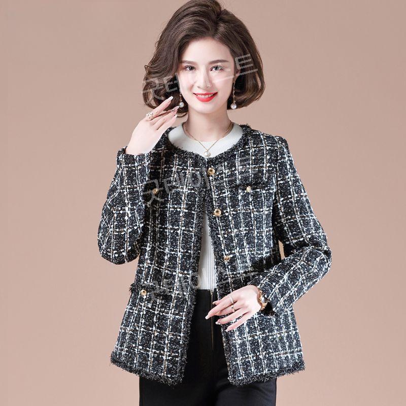 빅사이즈 중년 엄마 트위드 봄 자켓 재킷 노카라 라운드넥 체크 5XL 80kg까지 - 메인 이미지