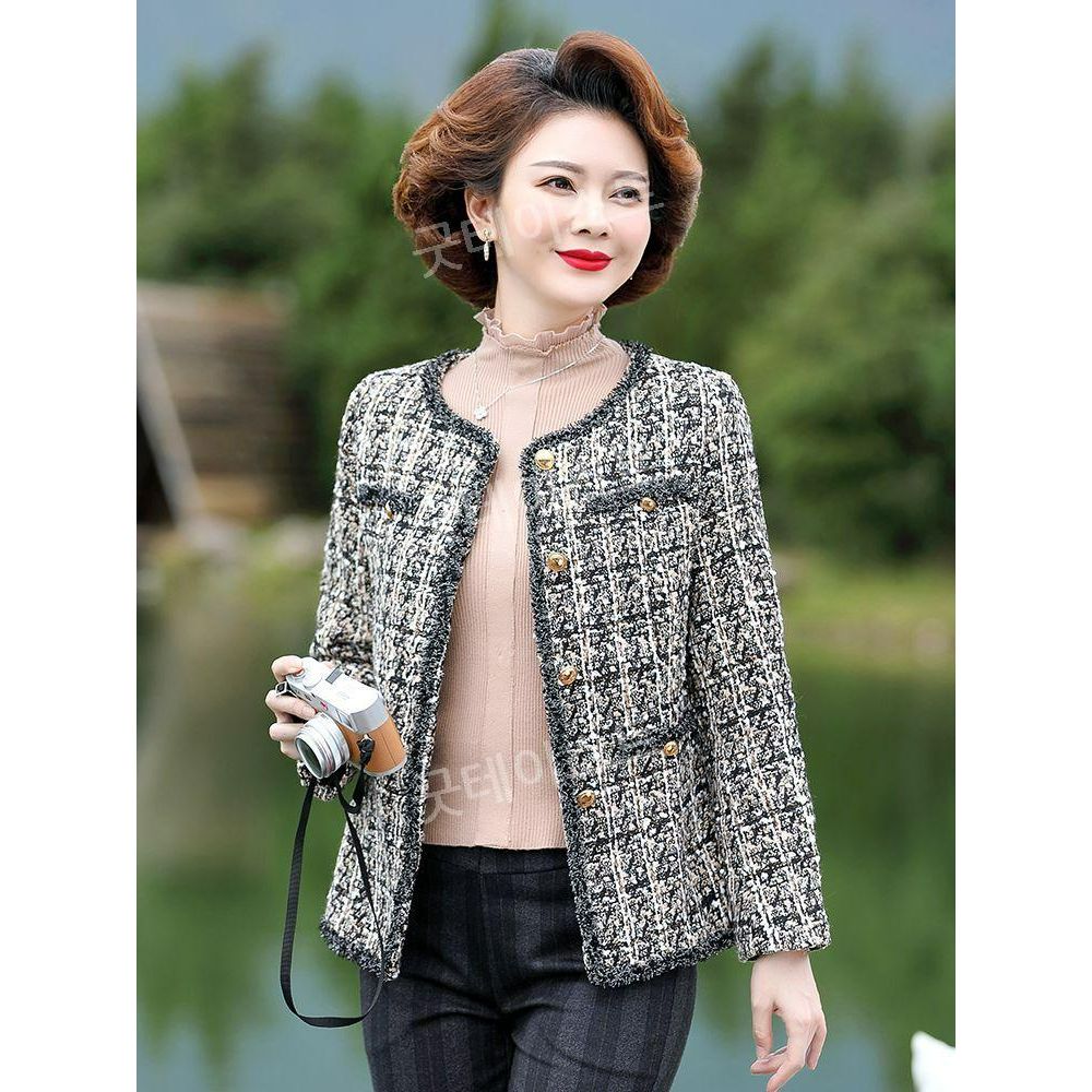 중년 여성 빅사이즈 트위드 자켓 엄마 봄자켓 노카라 정장 재킷 하객룩 4XL까지 갈색 L (85-100파운드)