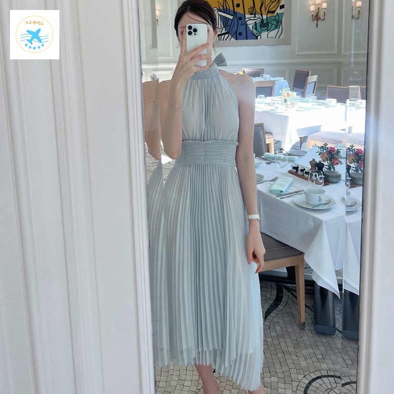 바캉스 원피스 홀터 휴양지 레이어드 드레스 플라워 여성용 롱 롱 비치 미니 화이트 쉬폰 - 상세 이미지 2