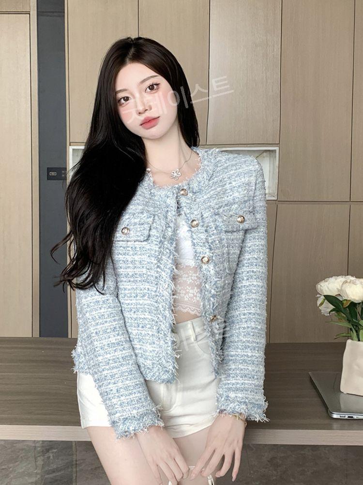 여성 봄 트위드 크롭 자켓 재킷 라운드넥 노카라 하객룩 데일리 오피스룩 화이트 S - 상세 이미지 4