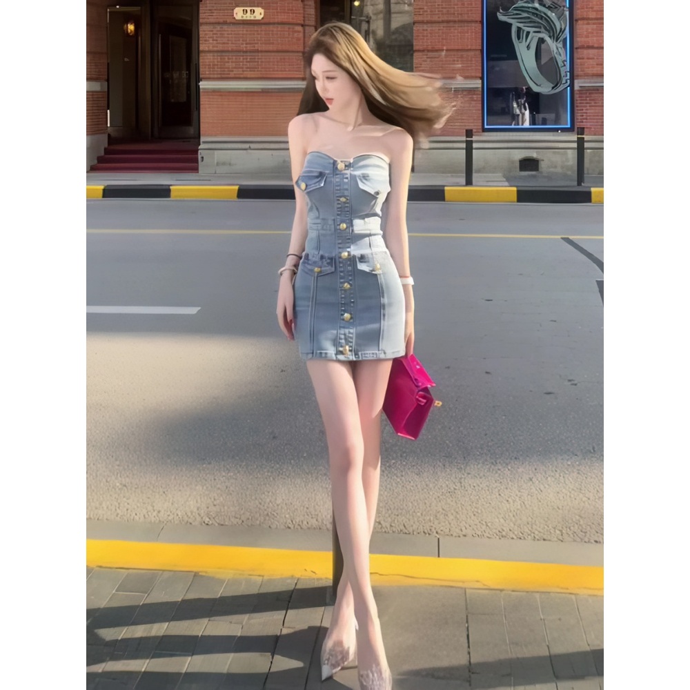 데님 오프숄더 튜브탑 미니 원피스 스커트 핫걸 휴양지 홀복 데이트 클럽 인싸 풀파티 슬림핏 - 상세 이미지 2