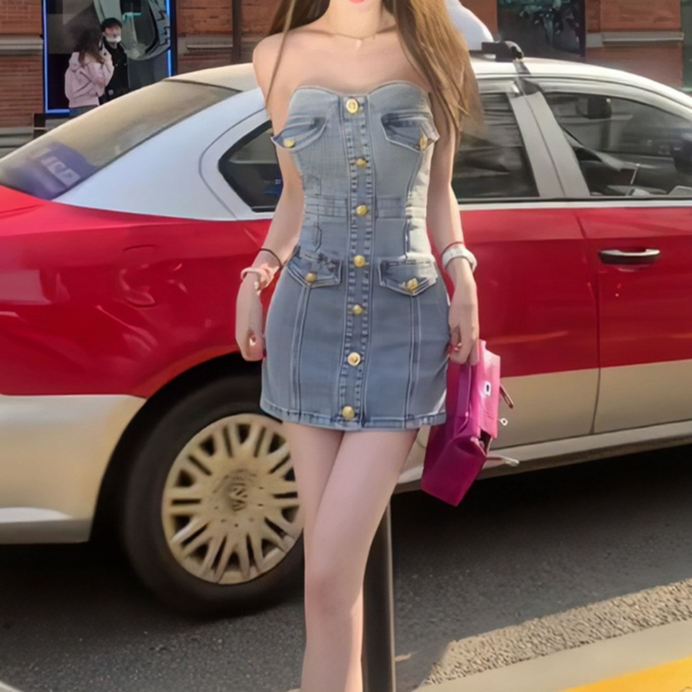 데님 오프숄더 튜브탑 미니 원피스 스커트 핫걸 휴양지 홀복 데이트 클럽 인싸 풀파티 슬림핏 - 상품 이미지