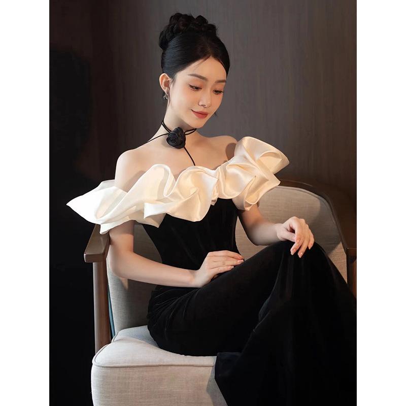 블랙드레스 오픈숄더 웨딩 촬영 이브닝 원피스 머메이드 드레스 - 상세 이미지 3