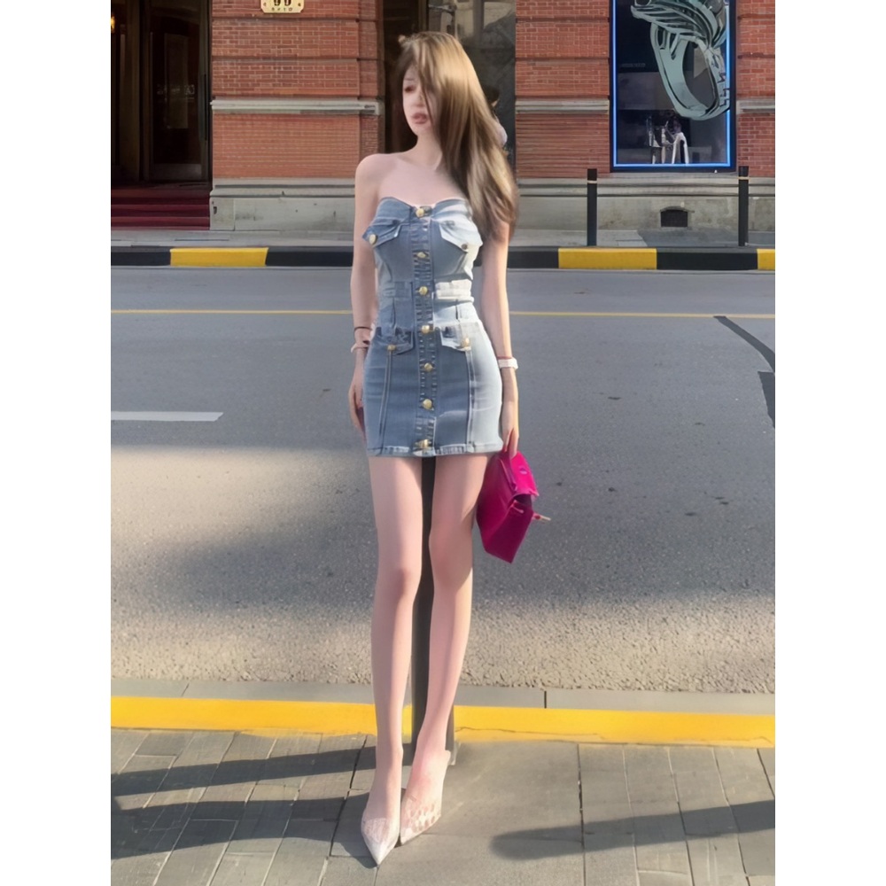 데님 오프숄더 튜브탑 미니 원피스 스커트 핫걸 휴양지 홀복 데이트 클럽 인싸 풀파티 슬림핏 - 상세 이미지 3