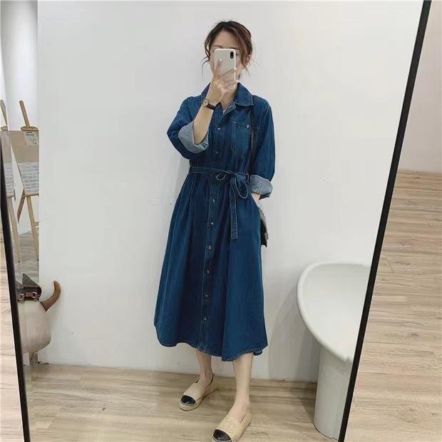여자 청 원피스 봄 가을 레트로 데님 스커트 - 상품 이미지