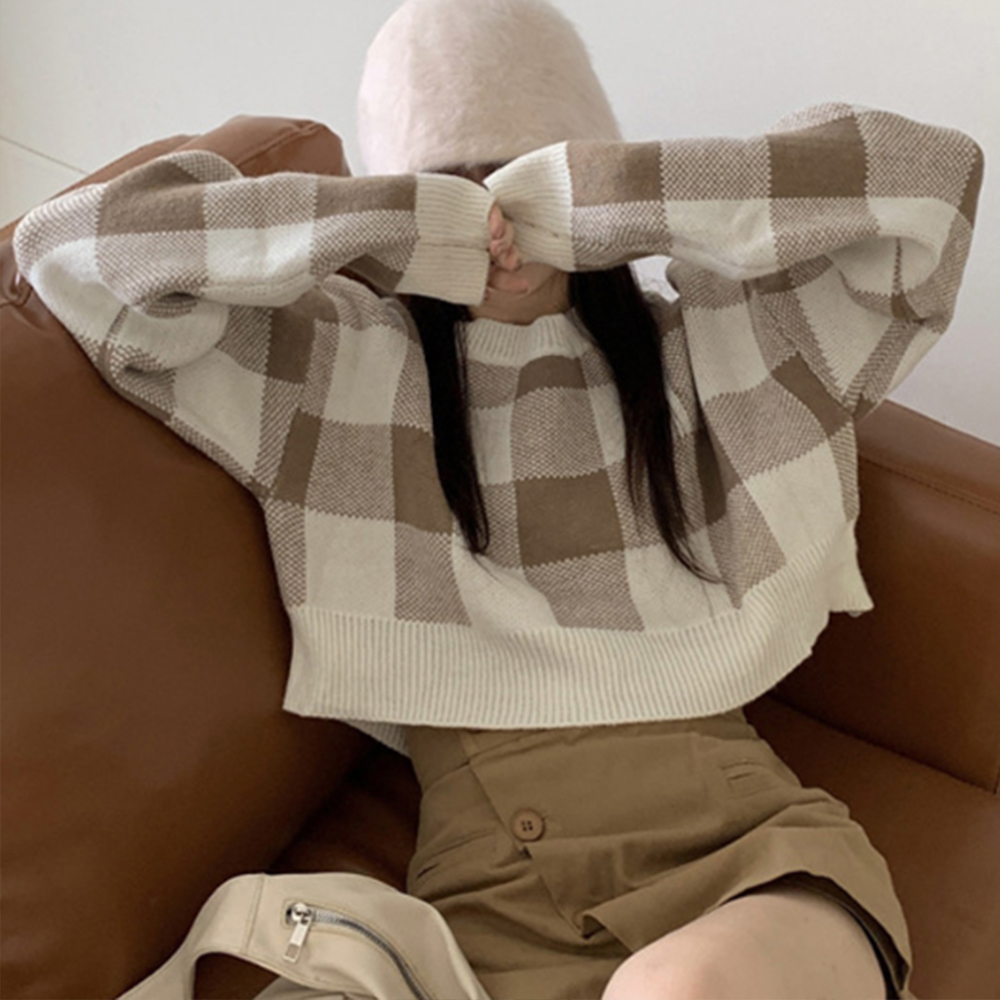 여성 티셔츠 여자 가을 봄 긴팔 겨울 체크 맨투맨 무늬 기본 오버핏 20대 데일리 크롭 이미지