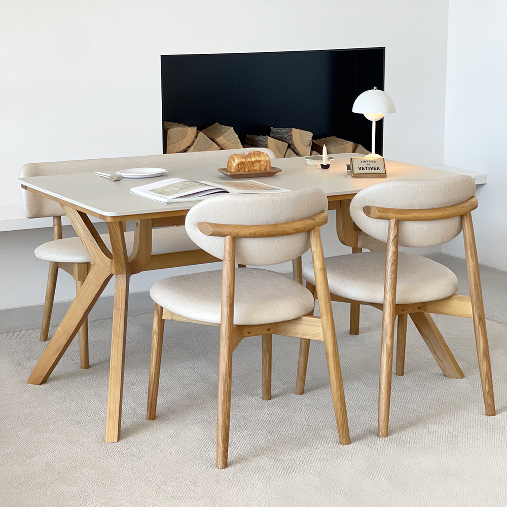 로포텐 고흐 4인용 원목 포세린 세라믹 식탁세트 식탁+의자2+벤치1, 1400mm, 내추럴