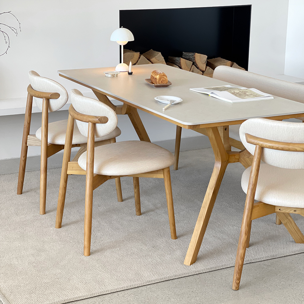 로포텐 고흐 4인용 원목 포세린 세라믹 식탁세트 식탁+의자2+벤치1, 1400mm, 내추럴