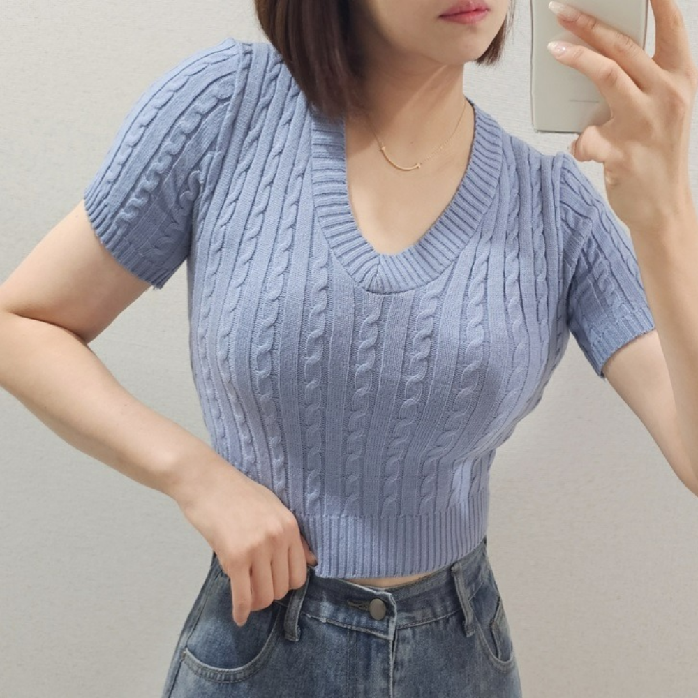 꽈배기반팔니트 크롭 하늘색 핑크 여름 브이넥 케이블니트 - 상품 이미지