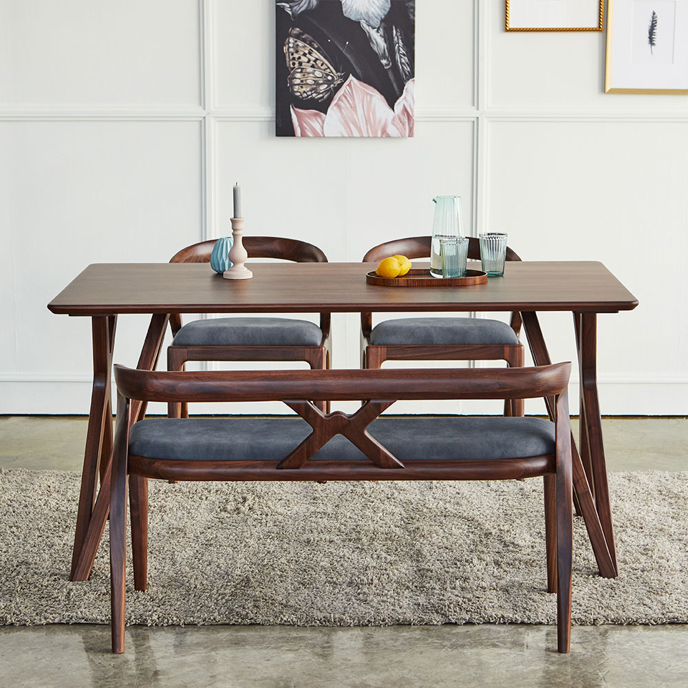 스코나 레이든 호두나무 월넛 원목 1500 4인 다이닝 식탁세트(벤치1개+의자2개)