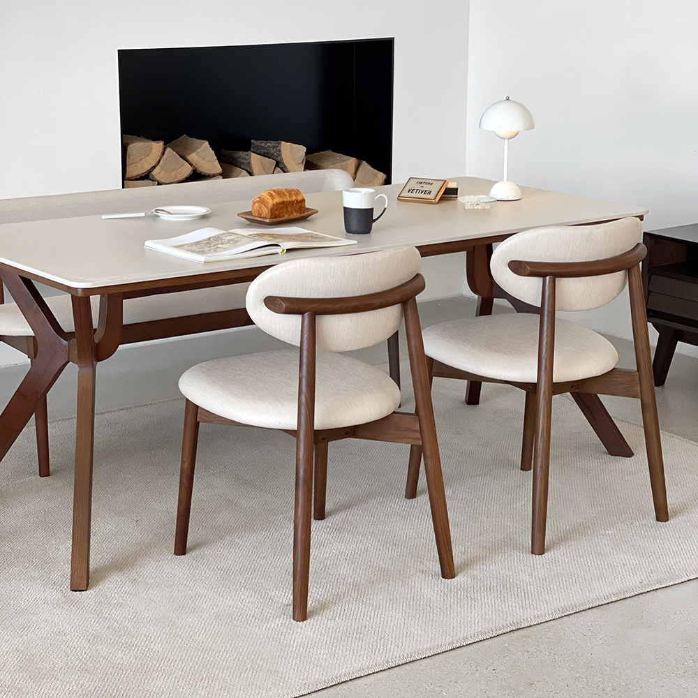 로포텐 고흐 4인용 원목 포세린 세라믹 식탁세트 식탁+의자2+벤치1, 1400mm, 브라운