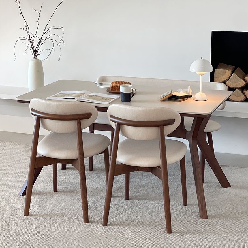 로포텐 고흐 4인용 원목 포세린 세라믹 식탁세트 식탁+의자2+벤치1, 1400mm, 브라운