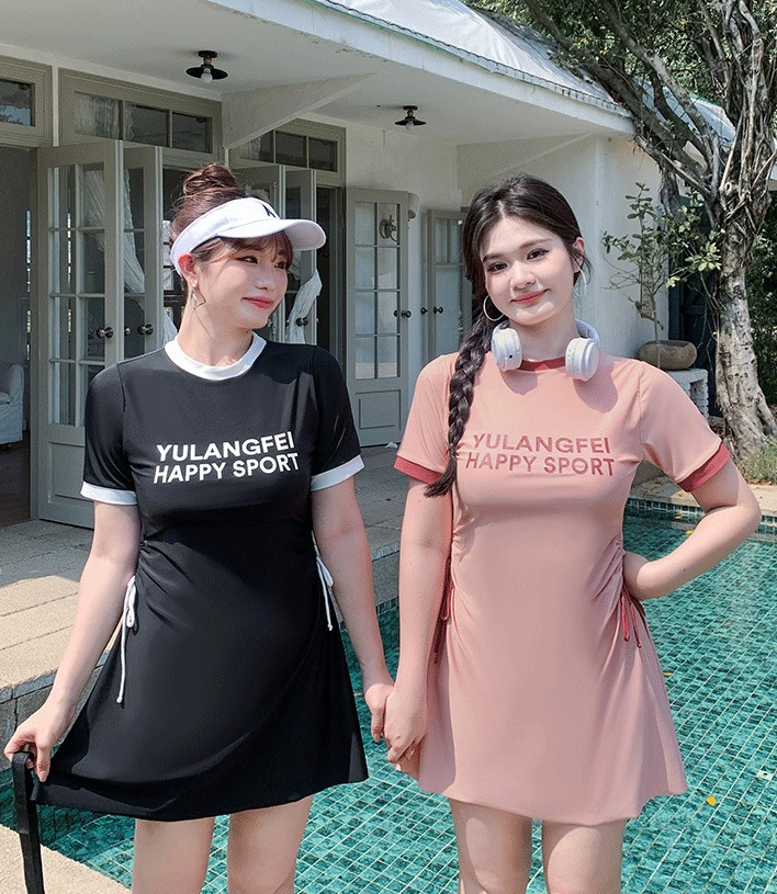 [XL-5XL/빅사이즈] 체형커버 해피해피 반팔 래쉬가드 원피스 수영복 뱃살커버 셔링 프릴 쭈리 스트링 상세 이미지 6