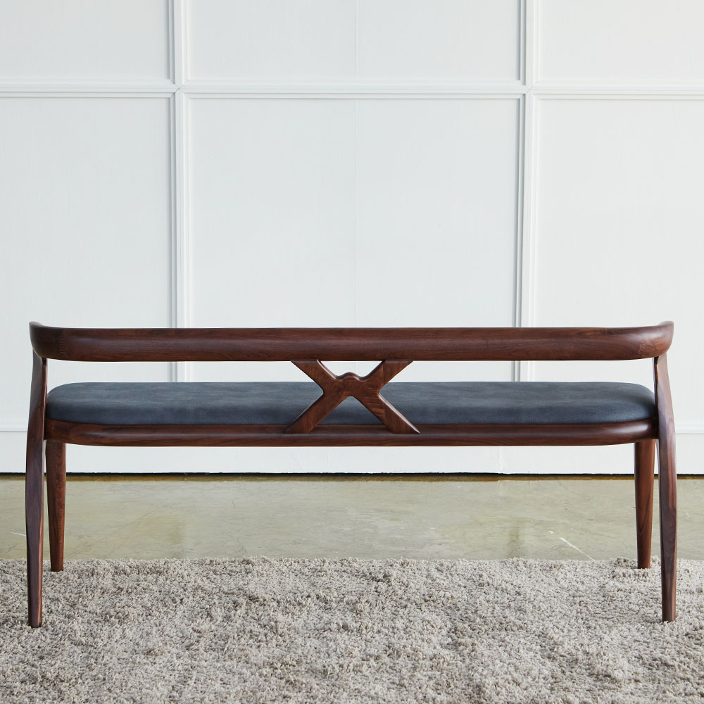 스코나 레이든 호두나무 월넛 원목 아쿠아누벅 패브릭 3인 등받이 벤치 의자 1450