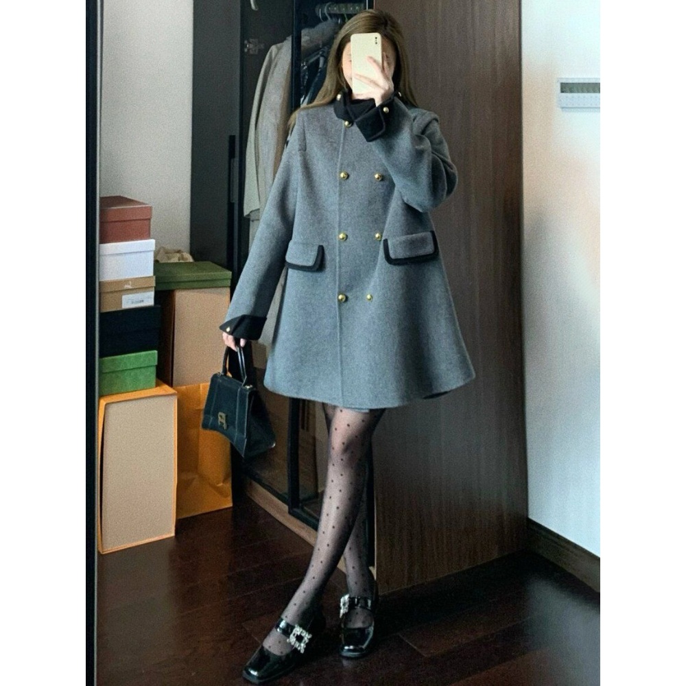 가오리핏 코트 케이프 하객룩 공주풍 소개팅 데이트 예쁜 패션 루즈핏 금장단추 고급 그레이 - 상세 이미지 5
