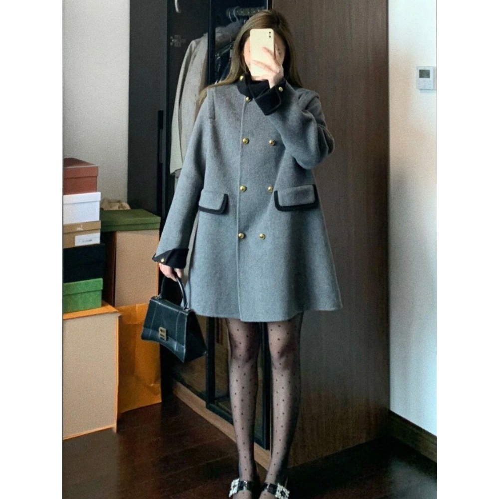 가오리핏 코트 케이프 하객룩 공주풍 소개팅 데이트 예쁜 패션 루즈핏 금장단추 고급 그레이 - 상세 이미지 2