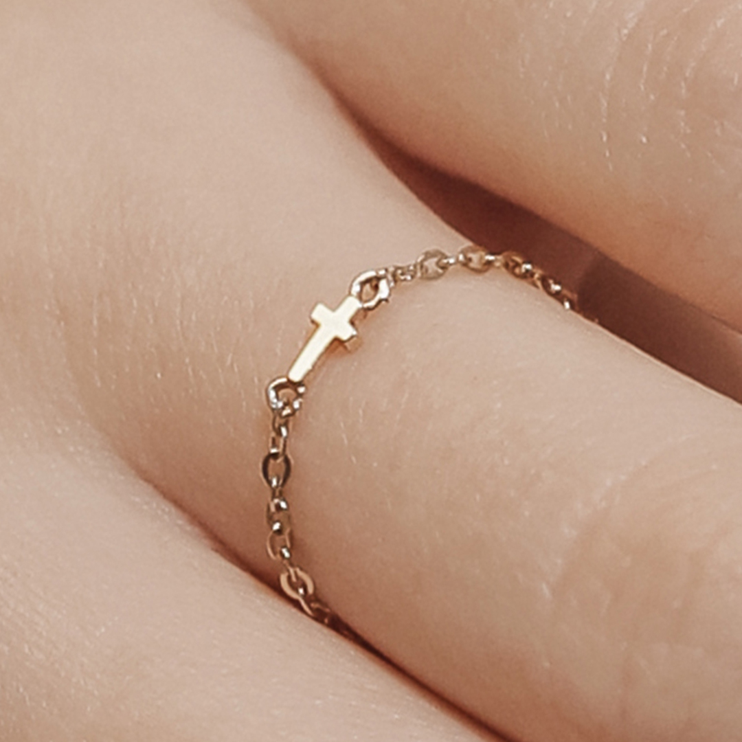 14K 십자가 묵주 금 실 반지 체인 애끼 여자 손가락 반지 기독교 천주교 성당 종교