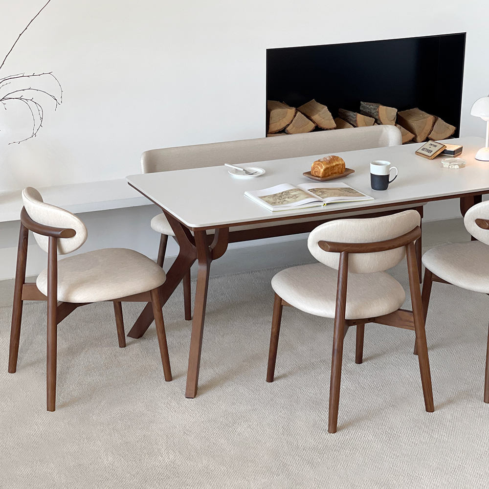 로포텐 고흐 4인용 원목 포세린 세라믹 식탁세트 식탁+의자2+벤치1, 1400mm, 브라운