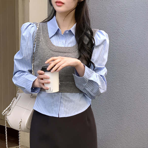 와슨 스트라이프 셔츠 뷔스티에 세트 st2551 제품 이미지