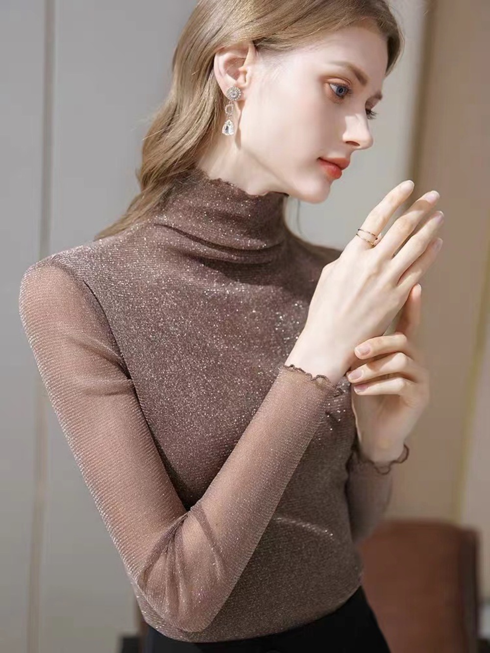 시스루 하이넥 댄스복 반짝 긴팔 블라우스 펄 라틴 라인 실크 매쉬 오간자 3XL까지 4컬러 - 상세 이미지 3