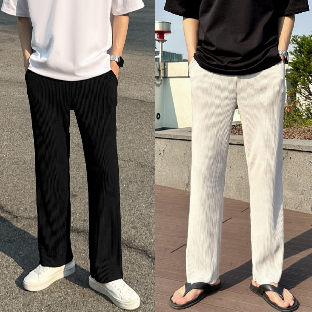 남자 사무엘 봄 여름 가을 일자 플리츠 밴딩 팬츠