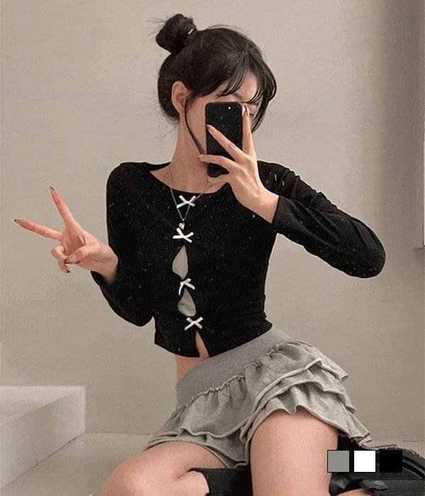 [기프티박스] 낭만데이 발레코어 리본 절개 크롭 긴팔 티셔츠 : 코디북