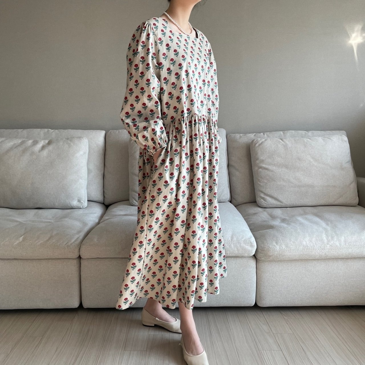 여자여자몰 작은꽃 플라워나염 포켓 코튼원피스 허리벨트 a라인긴팔원피스 이미지 6
