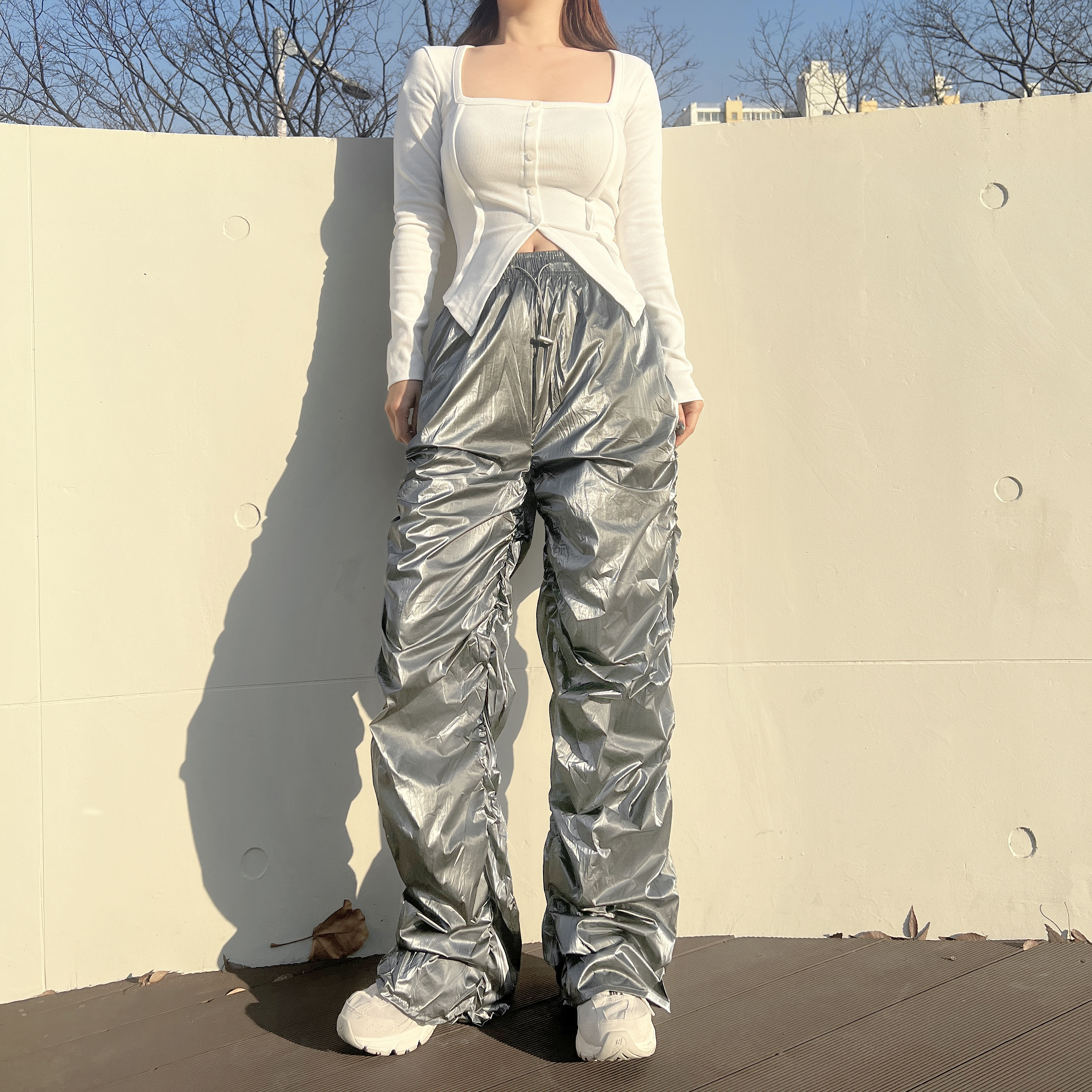 하이 메탈 유광 글로시 실버 스트링 셔링팬츠 3color - 상세 이미지 5