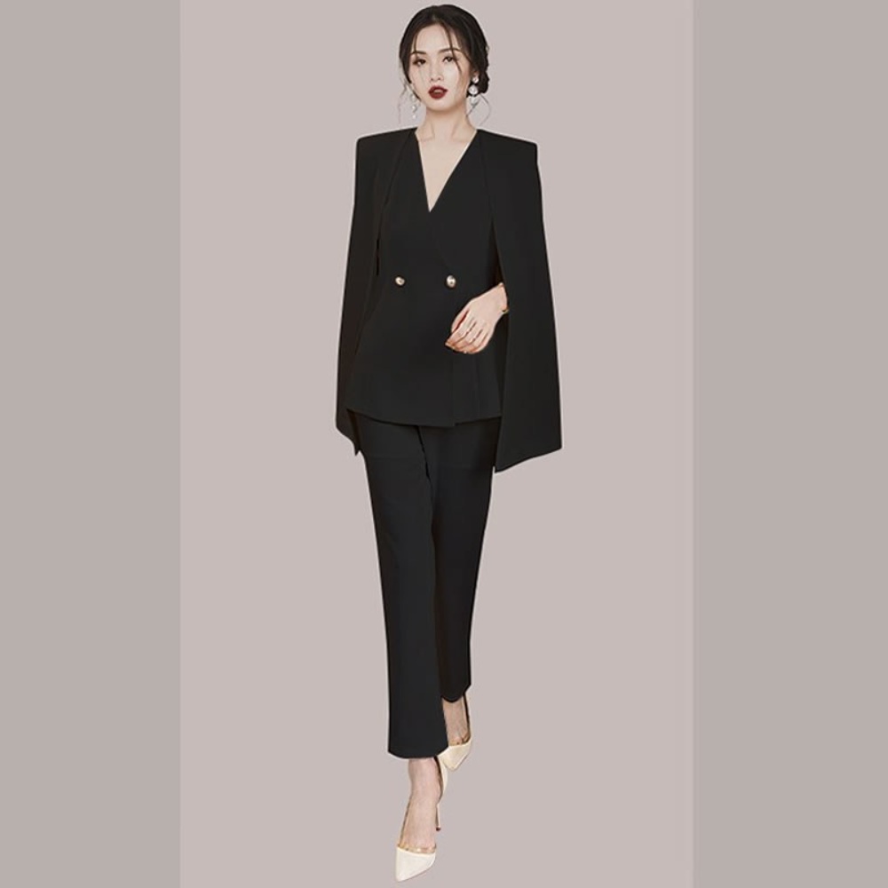 여성 브이넥 프렌치 숄 자켓 정장 바지 팬츠 세트 셋업 오피스룩 세련 클래식 심플 블랙 - 상품 이미지