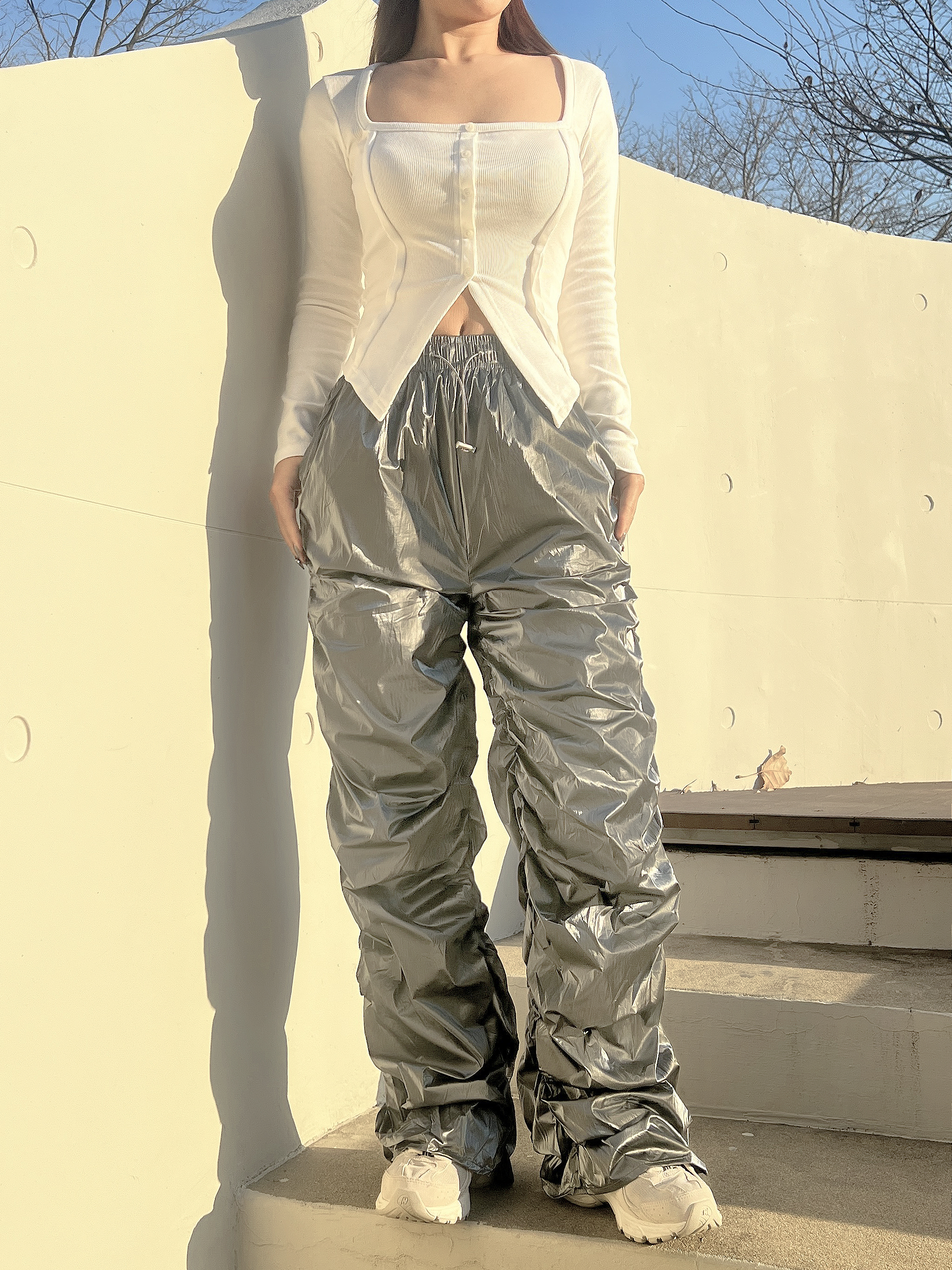 하이 메탈 유광 글로시 실버 스트링 셔링팬츠 3color - 상세 이미지 4