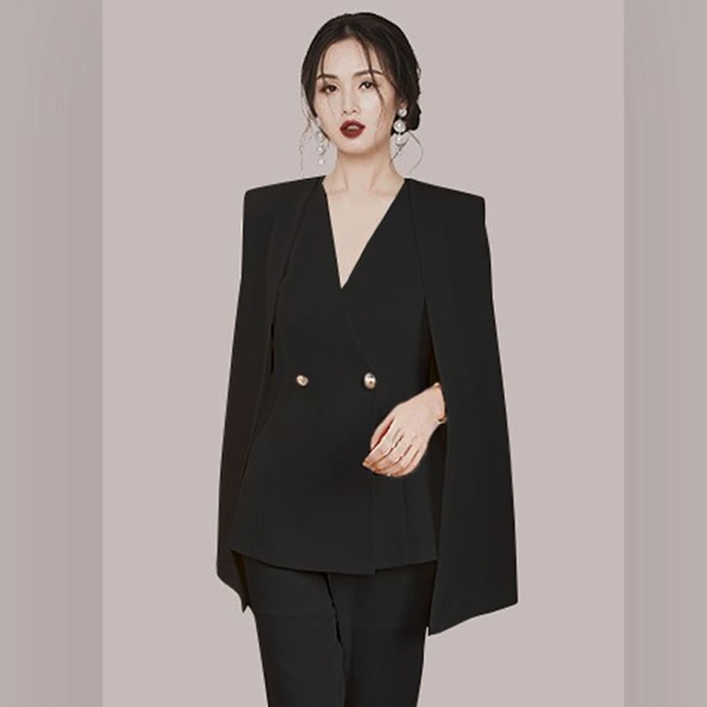 여성 브이넥 프렌치 숄 자켓 정장 바지 팬츠 세트 셋업 오피스룩 세련 클래식 심플 블랙 - 상세 이미지 4