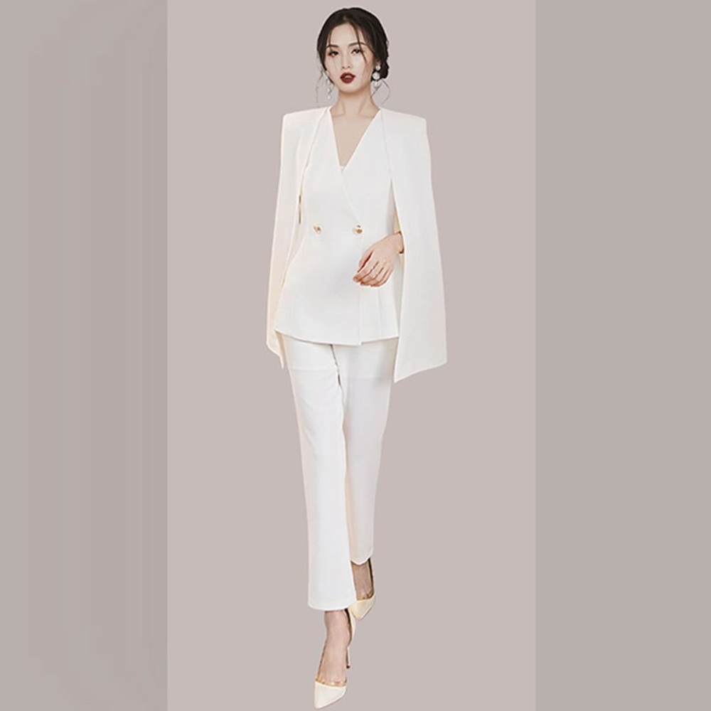여성 브이넥 프렌치 숄 자켓 정장 바지 팬츠 세트 셋업 오피스룩 세련 클래식 심플 블랙 - 상세 이미지 3