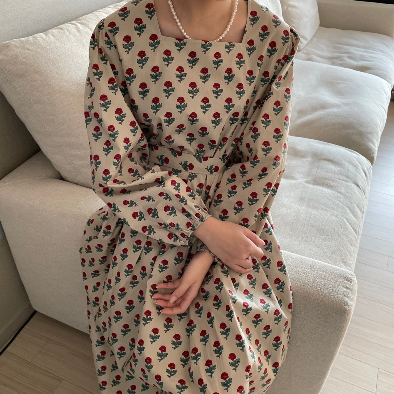 여자여자몰 작은꽃 플라워나염 포켓 코튼원피스 허리벨트 a라인긴팔원피스 - 상품 이미지