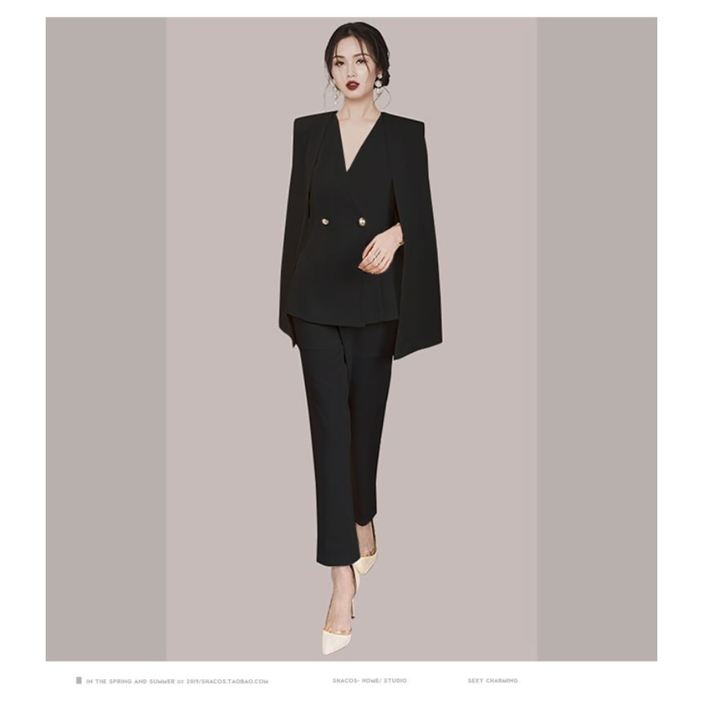 여성 브이넥 프렌치 숄 자켓 정장 바지 팬츠 세트 셋업 오피스룩 세련 클래식 심플 블랙 - 상세 이미지 2