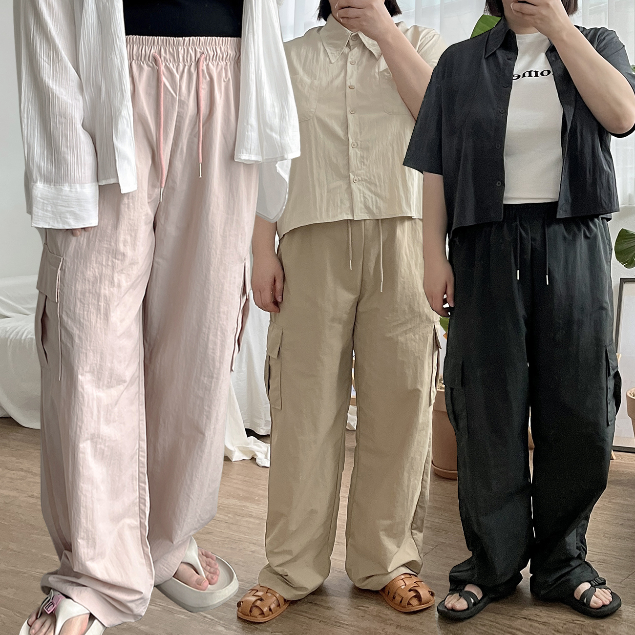 바스락팬츠 키작녀와이드팬츠 와일드팬츠 여자건빵바지 카고 밴딩 나일론 간절기 힙한 이미지 1